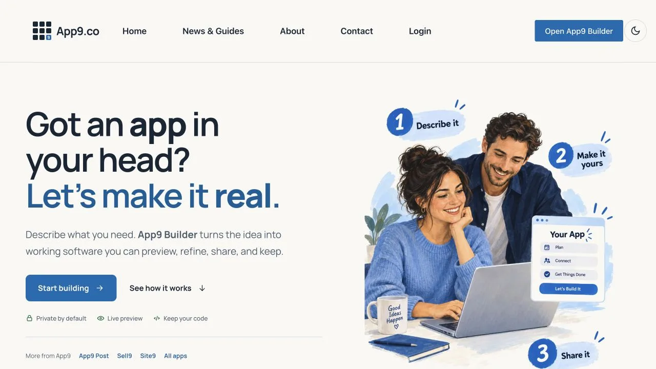 App9 Builder interface for describing and creating an application
