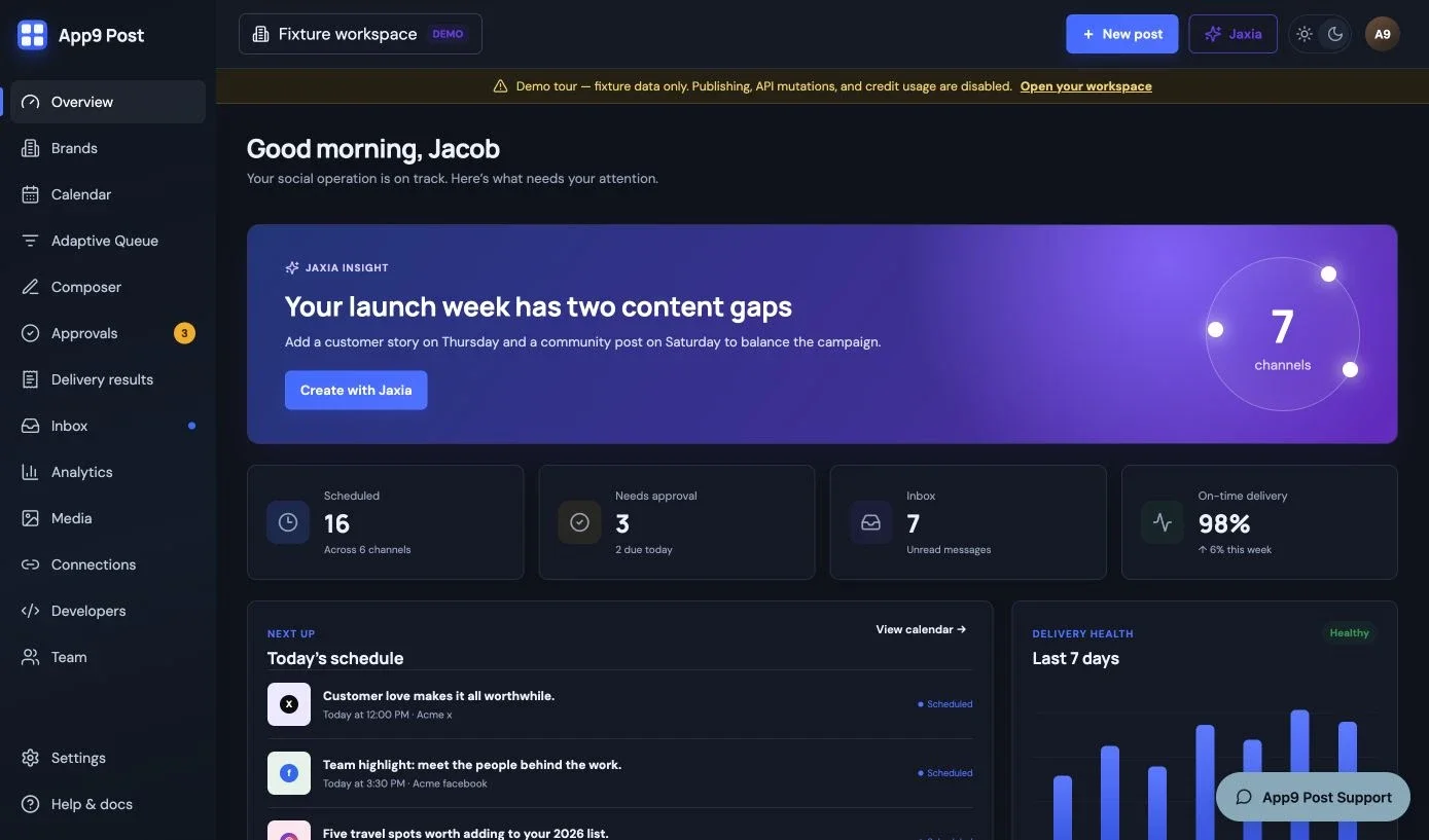 App9 Post staging demo workspace with scheduled posts, approvals, inbox, and delivery results