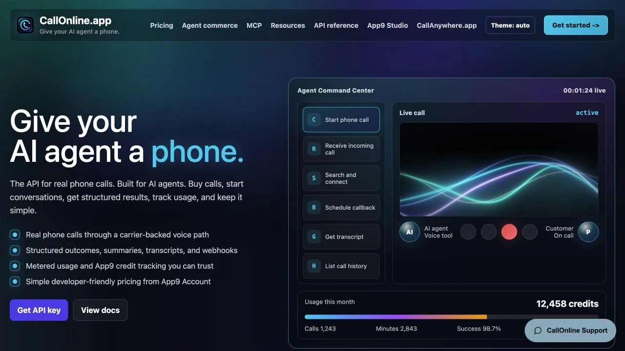 CallOnline voice agent dashboard showing calls and usage