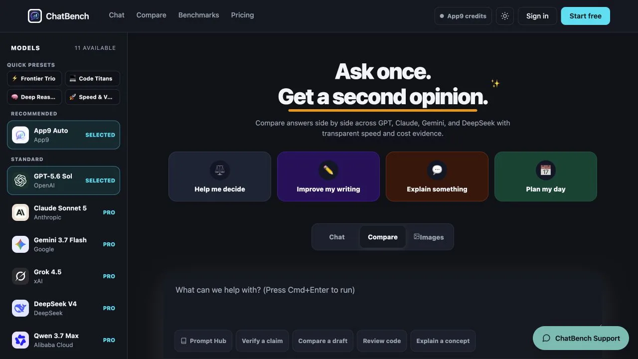 ChatBench interface comparing answers from different AI models