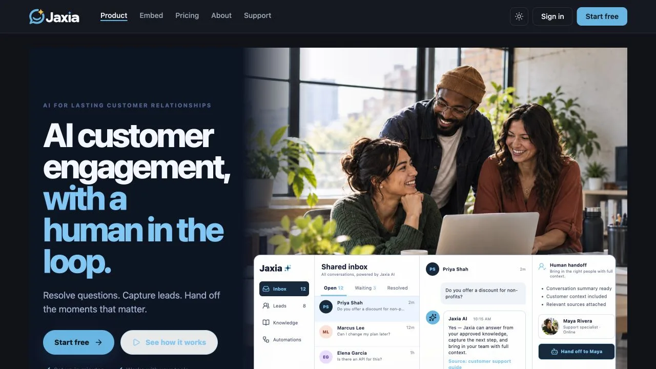 Jaxia customer support interface with a shared inbox and human handoff