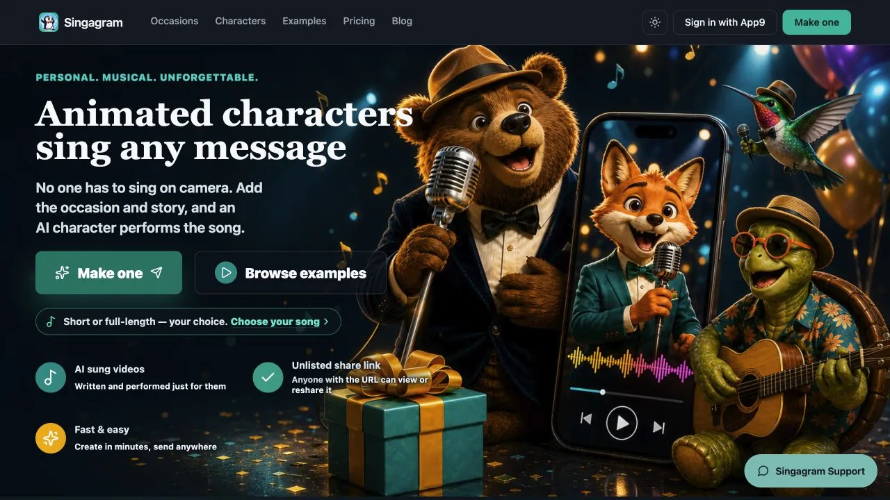 Singagram characters and personalized song greeting creator